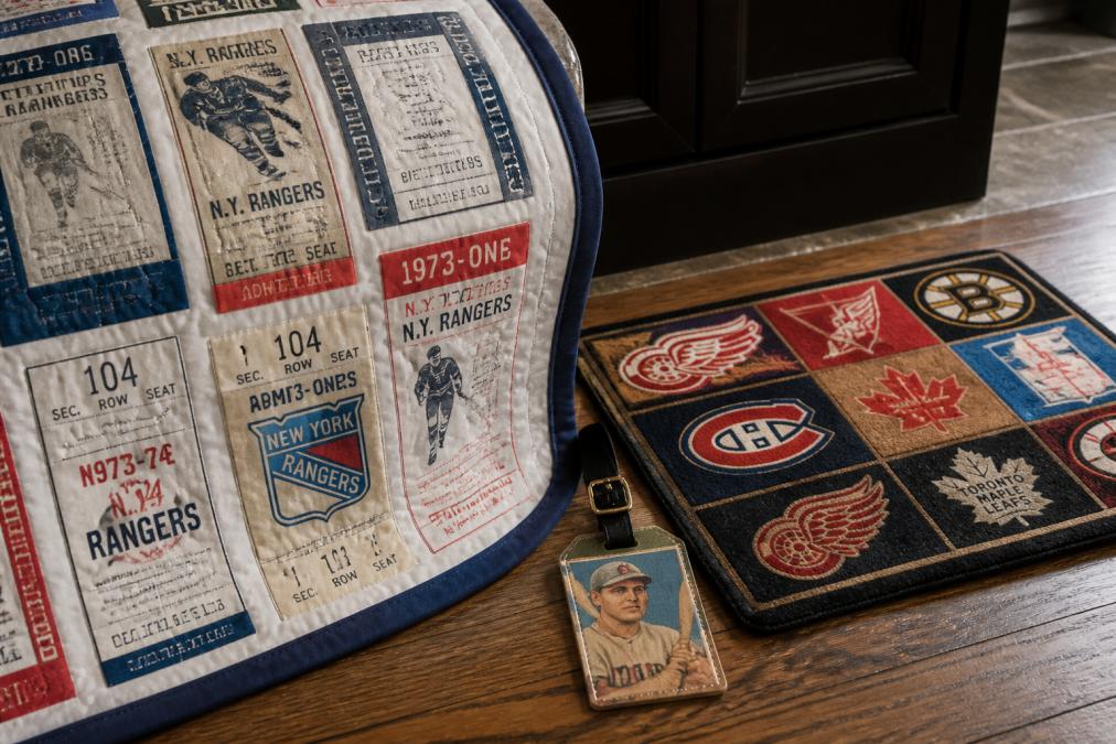 Finished handcrafted items made from vintage sports memorabilia displayed together, a blanket featuring old hockey tickets, a luggage tag with a vintage baseball card image, and a doormat with retro team logos, showing the variety and quality of completed custom fabric goods