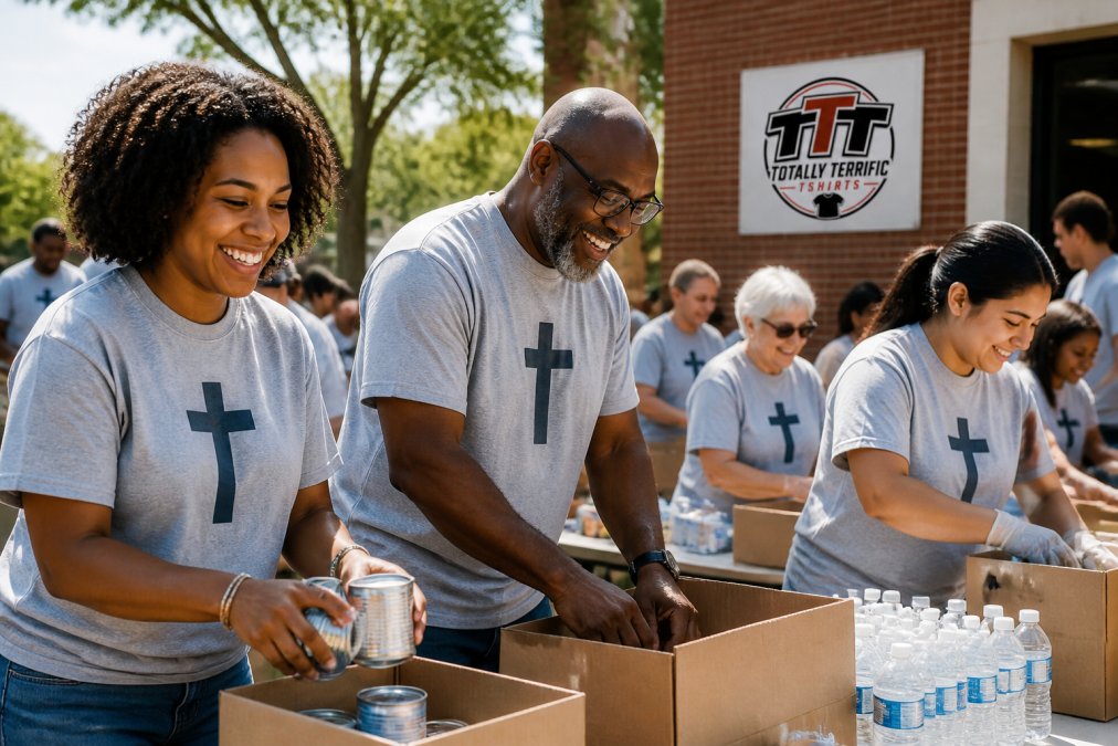 A diverse group of church volunteers wearing matching custom faith-based t-shirts, smiling and working together at a community outreach event outdoors