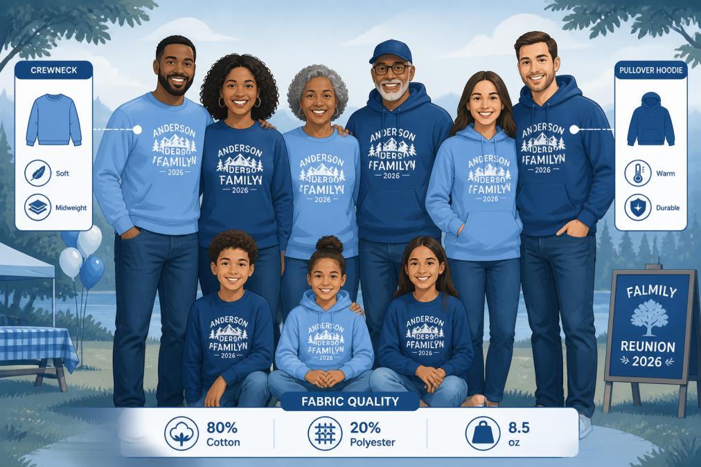 A diverse family group wearing matching custom crewneck and pullover sweatshirts at an outdoor reunion, showing coordinated designs with family names and the year 2026, arranged together for a group photo with natural outdoor lighting