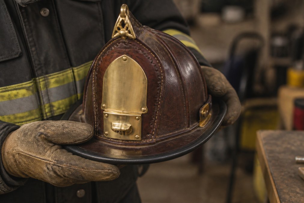 Close-up of a firefighter's gloved hands holding a custom leather fire helmet with a polished brass front holder, showing detailed craftsmanship in warm workshop lighting