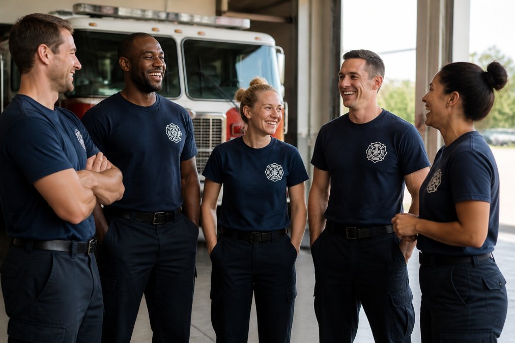 A group of diverse firefighters in a station bay wearing matching custom department t-shirts, laughing and standing together in front of a fire engine, with natural light coming through the bay doors
