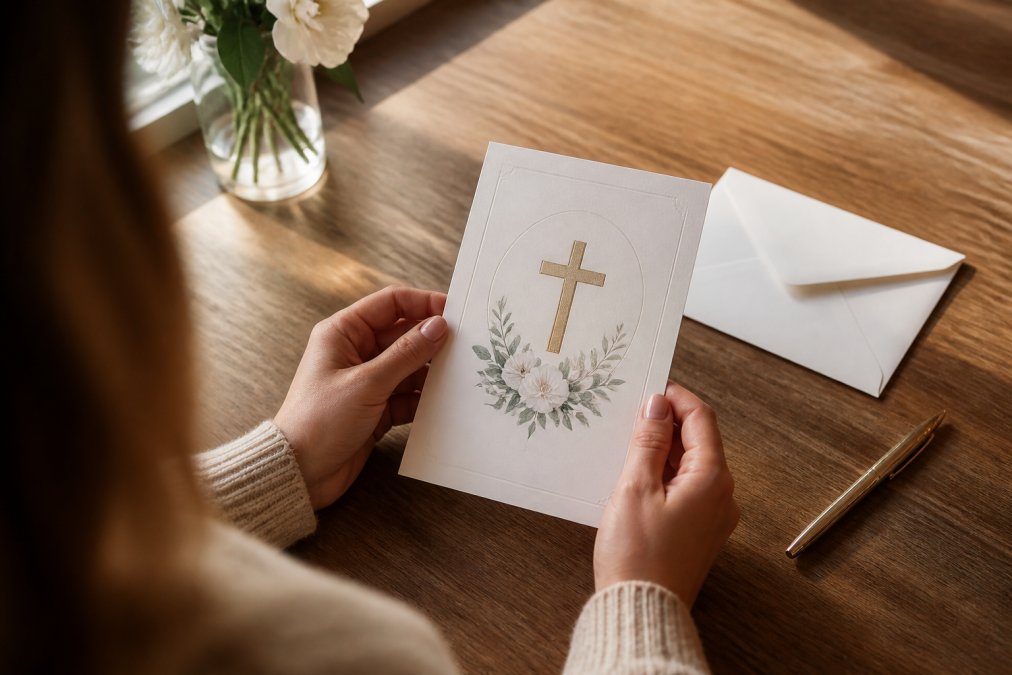 A parent's hands holding a printed First Communion invitation with a cross design next to a white envelope and a pen on a wooden table, soft daylight from a window