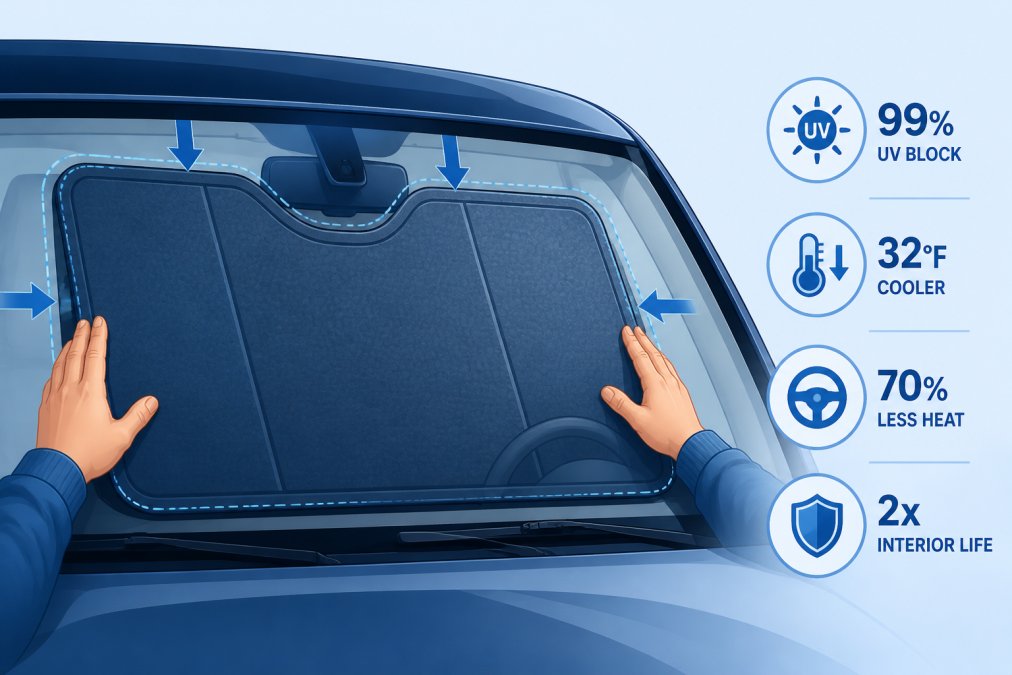 Close-up of hands carefully positioning a custom-fit automotive sun shade against a car windshield, showing precise alignment and the snug fit against the glass edges in natural daylight