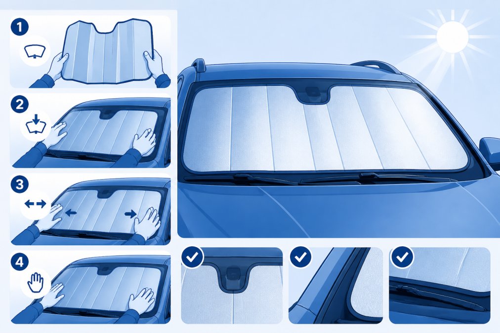 Hands demonstrating the proper technique for installing a custom-fit automotive sun shade on a vehicle windshield, showing the careful positioning and smooth fitting against the glass in bright daylight