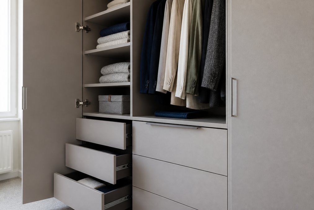 Interior of an open fitted wardrobe showing quality carcass construction with soft-close hinges, internal drawer runners, and organized shelving with neatly folded clothing and hanging space
