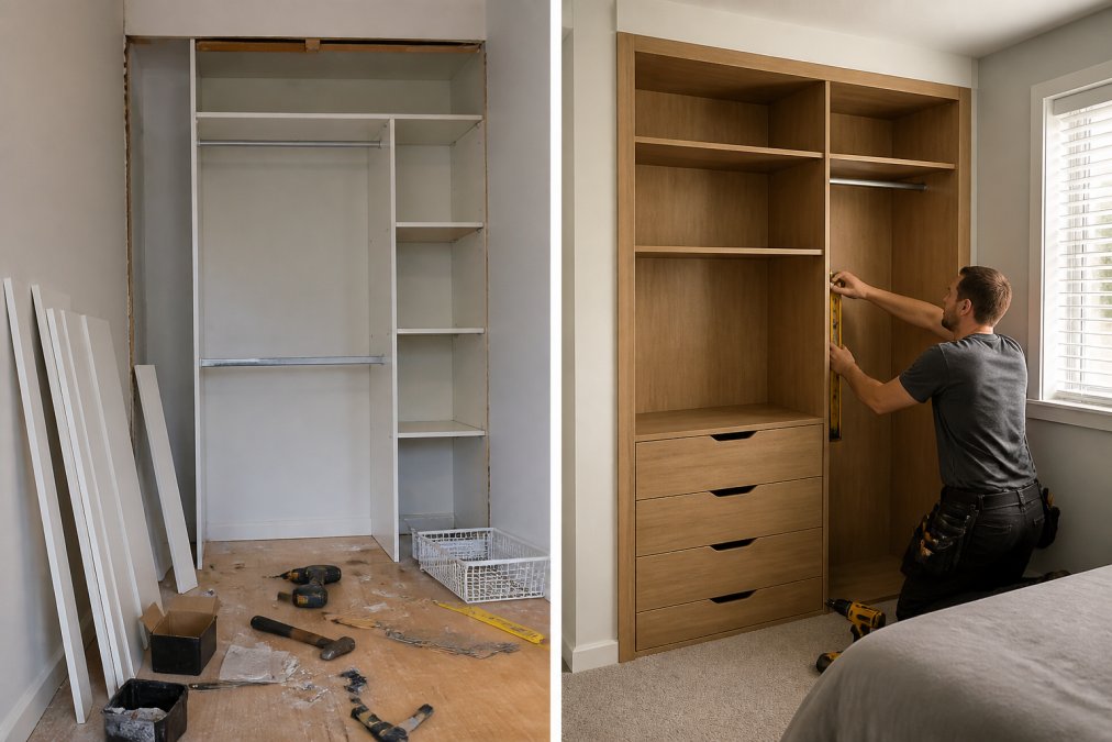 Professional carpenter installing a fitted wardrobe in a bedroom, carefully measuring alcove space with precision tools, securing the carcass to the wall, demonstrating meticulous attention to detail with built-in storage components