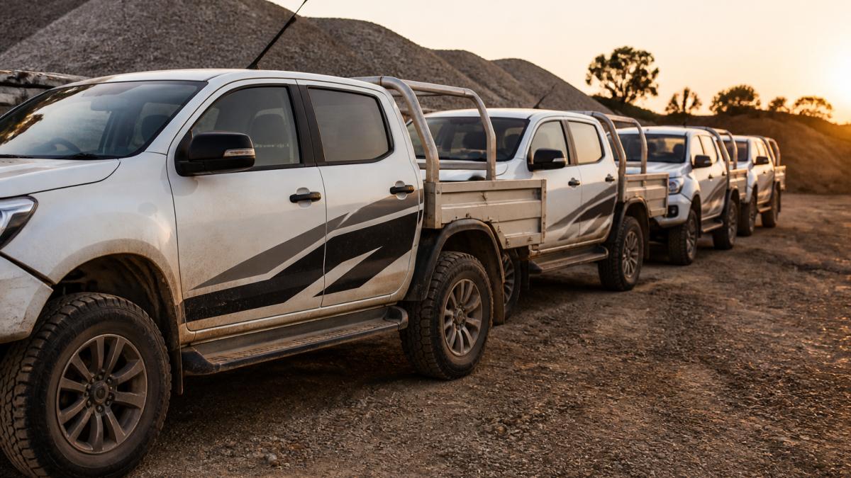 A row of branded 4WD utes parked on a gravel worksite at golden hour, side stripes and door logos clearly visible, dust on the lower panels