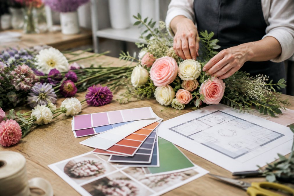 A floral designer's hands arranging fresh blooms in a bright studio, with colour swatches and a venue floor plan visible on the table