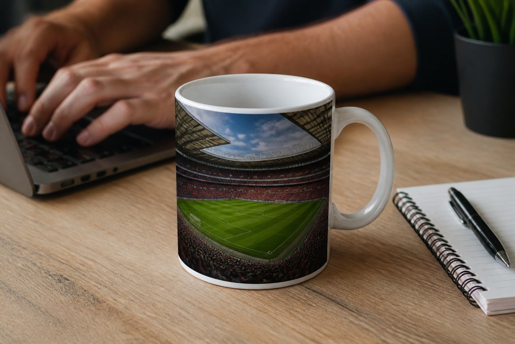A close-up of a white ceramic mug featuring a vibrant stadium photograph, placed on a wooden desk next to a laptop and a notebook, with a person's hands typing in the background