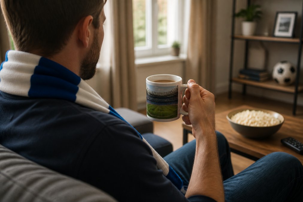 A football fan holding a ceramic stadium mug with hot beverage, stadium photograph visible on the mug, sitting in a comfortable home setting with natural light