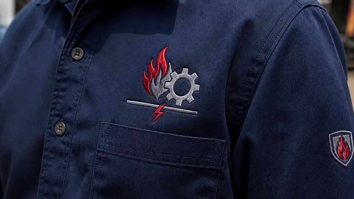 Close-up of a navy FR work shirt with a professional embroidered company logo showing detailed thread work and raised stitching on the chest pocket area
