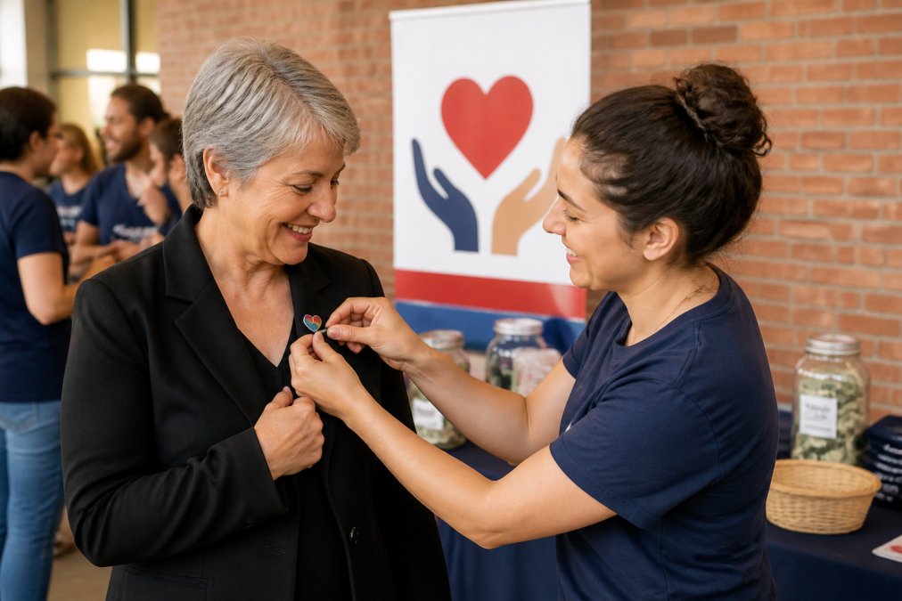 A nonprofit volunteer pinning a custom fundraising pin onto a donor's jacket at a charity event, with a banner and donation table in the background