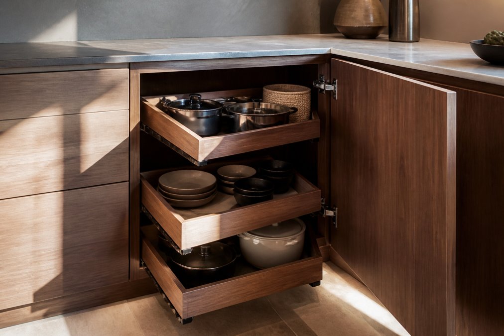 Modern luxury kitchen showcasing a diagonal corner cabinet with smooth pull-out shelving mechanism, revealing handcrafted Italian joinery in warm wood tones, natural light streaming across the cabinetry