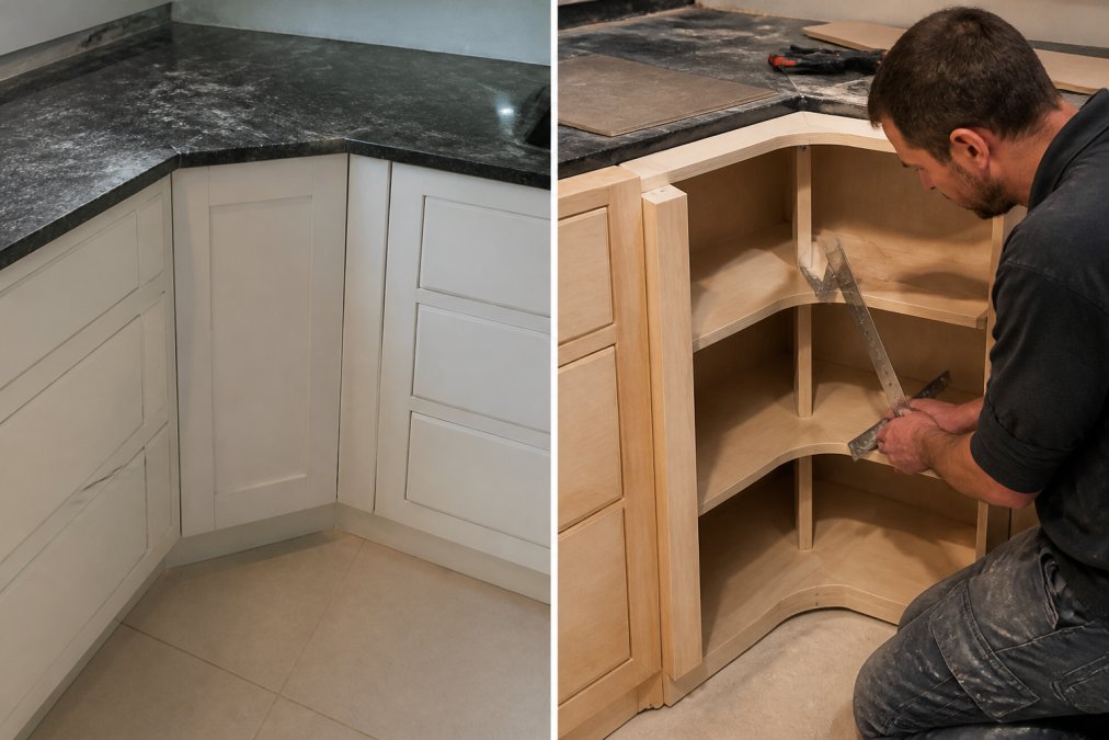 Artisan craftsman carefully installing handcrafted Italian corner cabinetry in a luxury kitchen, measuring and adjusting with precision tools, showcasing fine woodworking detail and attention to finish