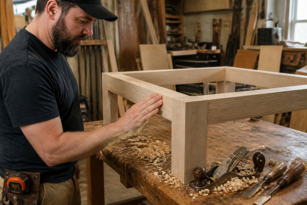 A craftsman in a woodworking shop running his hand along the edge of a solid oak dining table frame, with hand tools and wood shavings on the workbench nearby