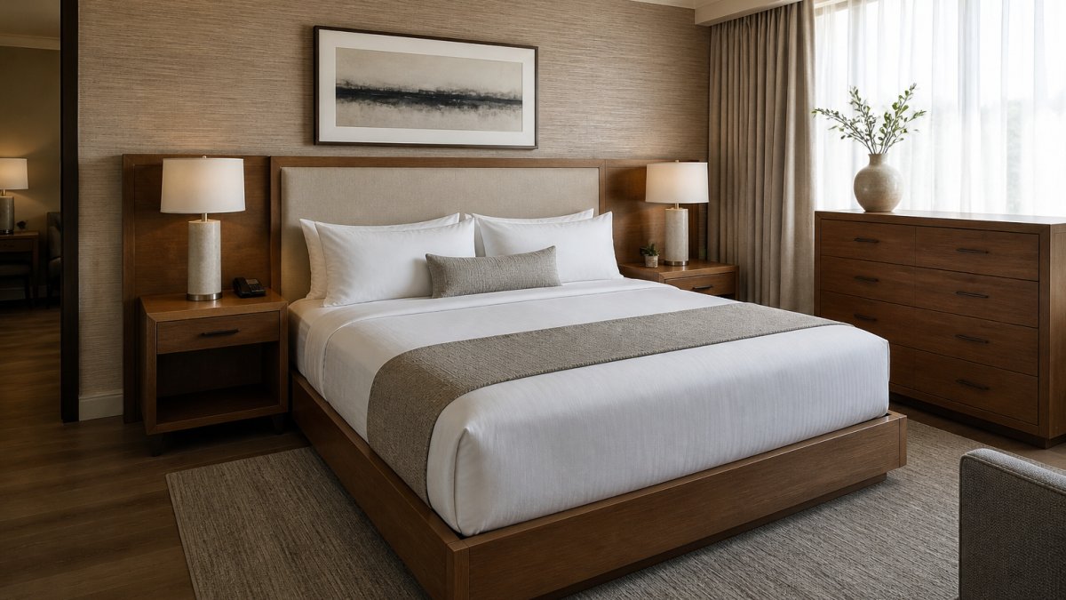 Renovated hotel guest room with a solid wood bed frame, integrated nightstands, and a dresser in warm wood tones under soft window light