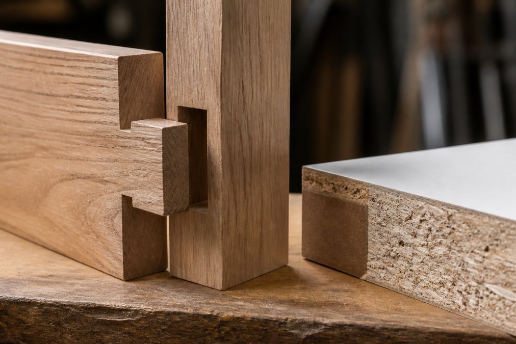 Close-up of solid hardwood joinery showing hand-finished wood grain details and traditional mortise-and-tenon joint, contrasted with particle board surface texture under natural workshop lighting