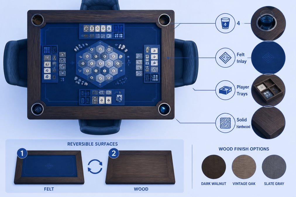 Overhead view of a custom gaming table with reversible surfaces showing felt inlay detail, integrated cup holders, organized player boards, and handcrafted wood grain in warm home lighting