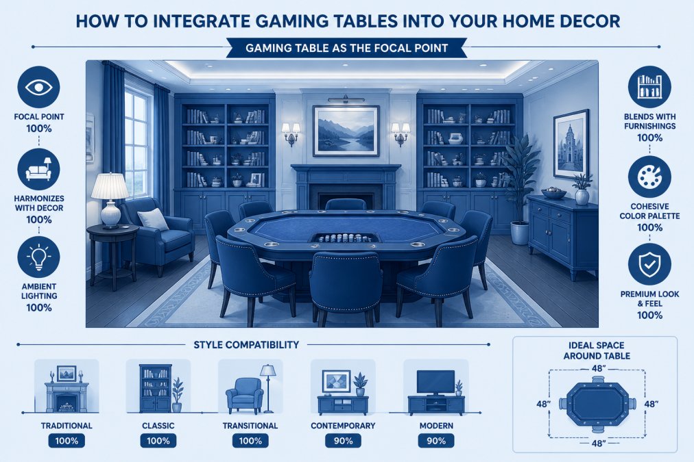 Elegant home entertainment room with a custom gaming table positioned as the focal point, blending seamlessly with traditional furnishings, bookshelves, warm wood tones, and ambient lighting