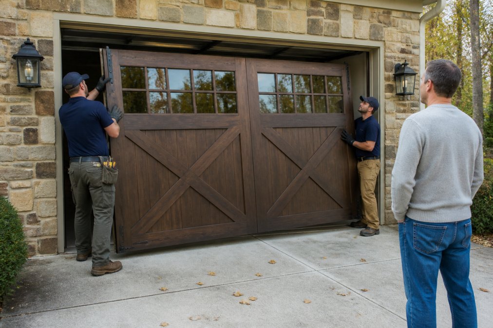 Professional installers fitting a carriage house door during the custom garage door lead times process