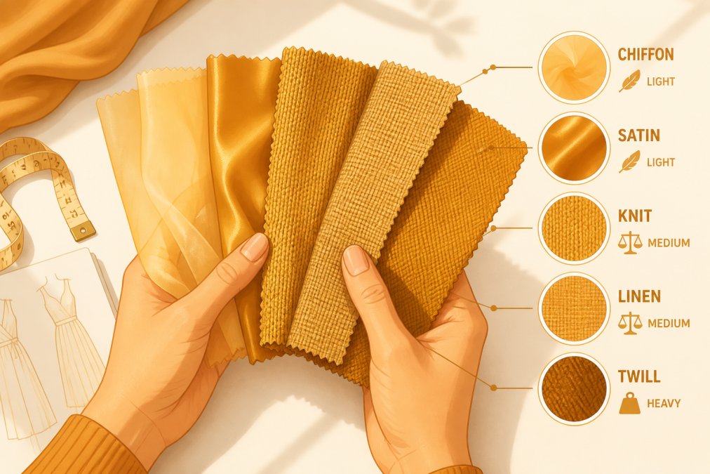 Close-up of hands holding different fabric swatches showing varied textures and weights, with natural daylight illuminating the material variations for custom apparel selection