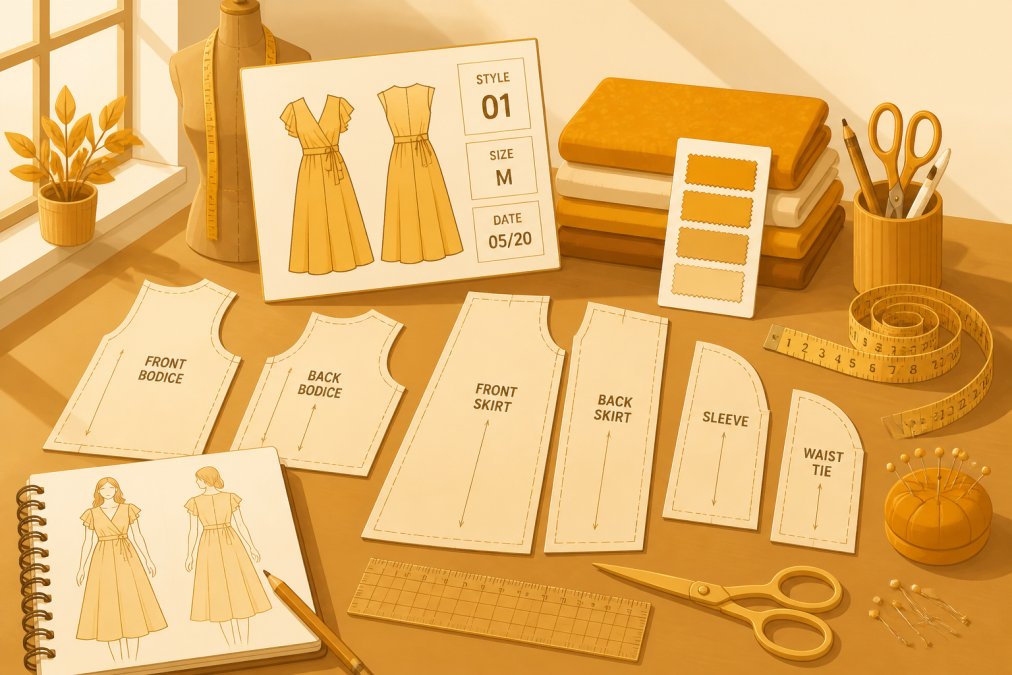 Designer's workspace with pattern pieces spread across a table, measuring tape, garment sketches, and fabric swatches for a custom design project with natural window lighting