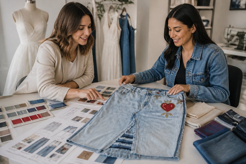 Designer and client reviewing fabric swatches and design sketches together at a consultation table with mood boards and color samples visible
