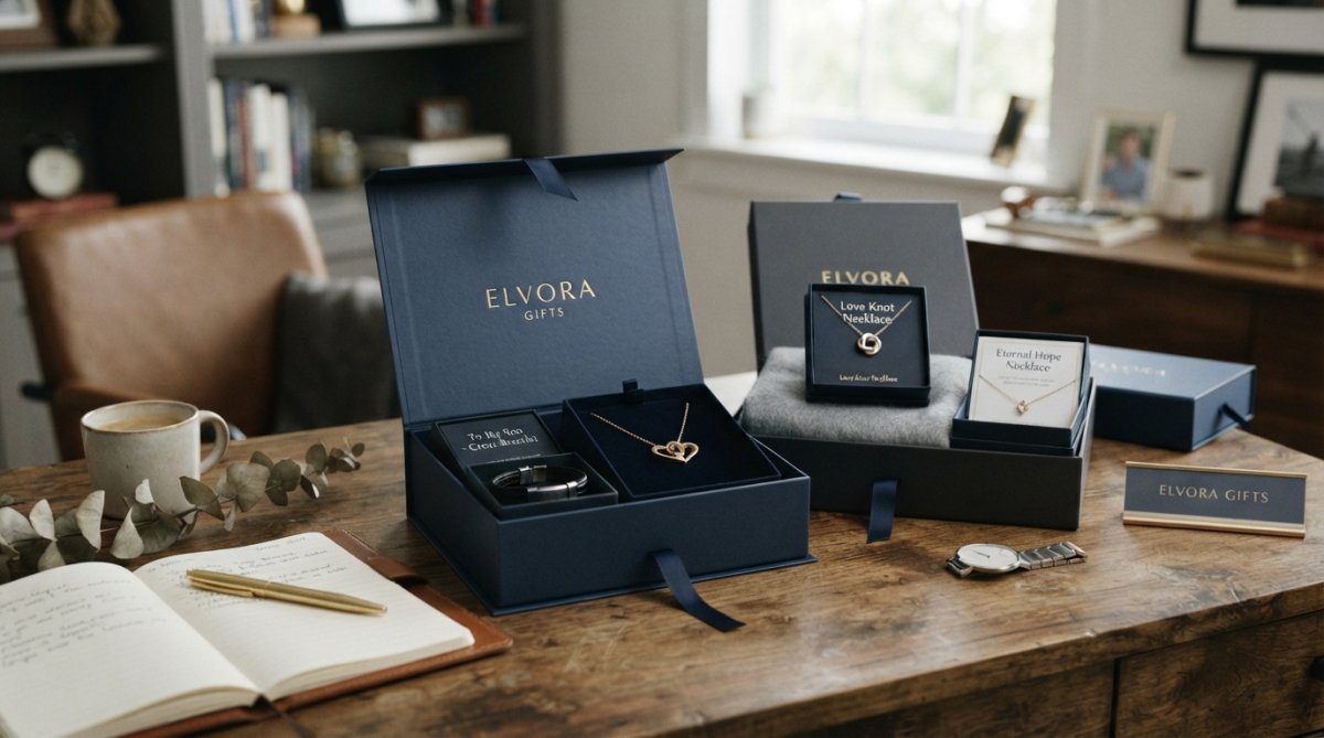 Beautifully arranged custom gift box displaying premium leather wallet, specialty coffee, personalized note card, and branded packaging on a wooden desk with business accessories