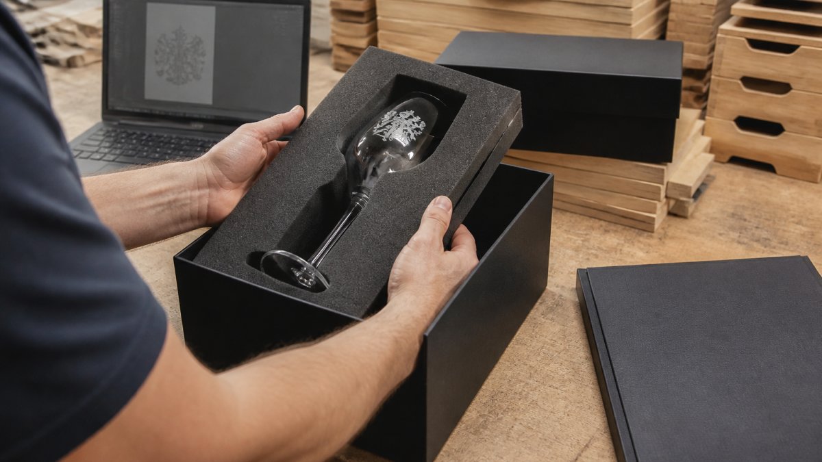 Hands placing a protective foam insert into a rigid gift box with a laser-etched wine glass resting in the custom cutout, on a workshop bench with timber offcuts and a laptop showing artwork in the background