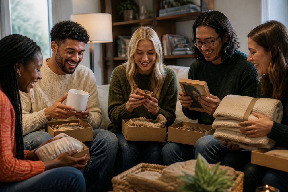 A diverse group of people opening personalized gift boxes together in a warmly lit living room, showing genuine joy and emotional connection as they discover custom-designed items tailored to their interests