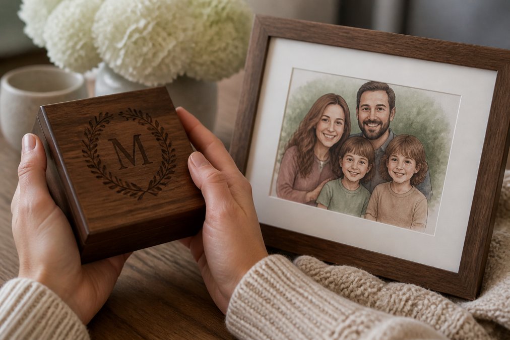Close-up of hands holding a monogrammed keepsake item and a framed custom family portrait, displaying the sentimental details and craftsmanship of personalized gifts