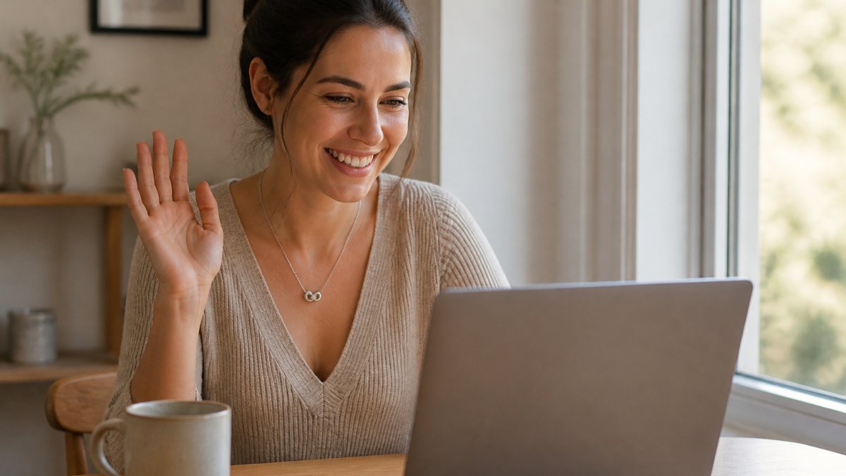 Woman wearing a delicate love knot necklace while video calling her long distance partner on a laptop, warm natural light streaming through a window, genuine smile