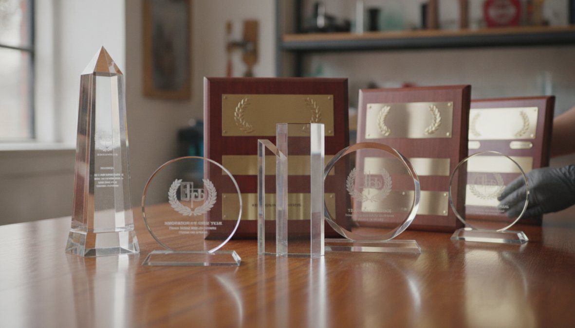 Close-up display of various glass award shapes and designs, star-shaped, sail-shaped, and rectangular plaques with engraved text and logos, arranged on a dark surface with professional lighting
