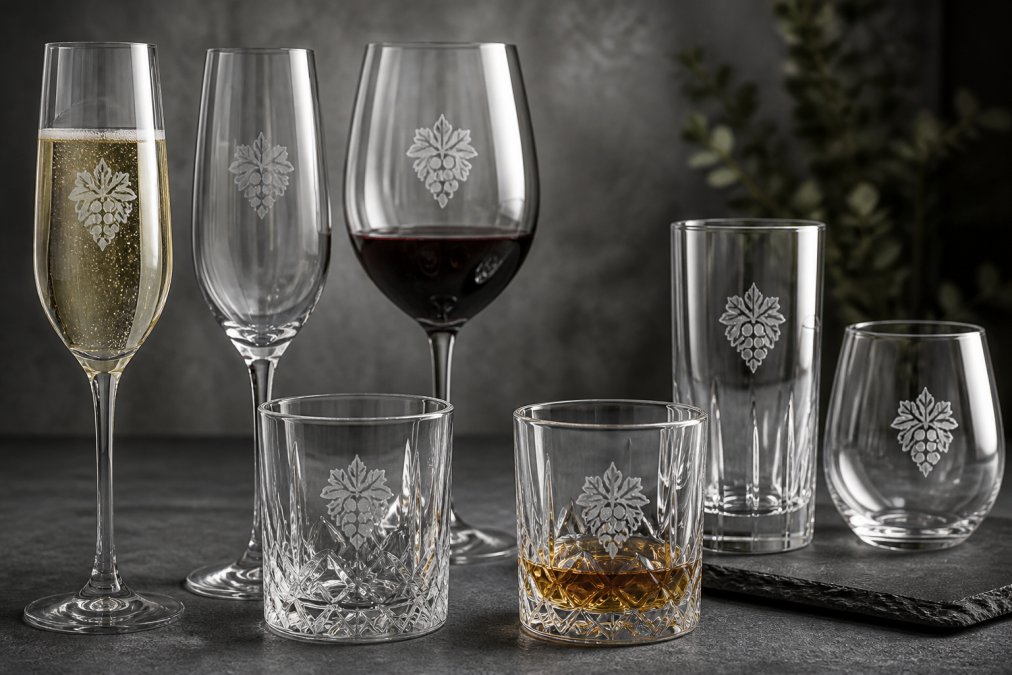 A styled flat-lay of various custom-branded glassware pieces including champagne flutes, whisky tumblers, and a wine glass arranged on a dark slate surface with soft studio lighting, showing engraved logos