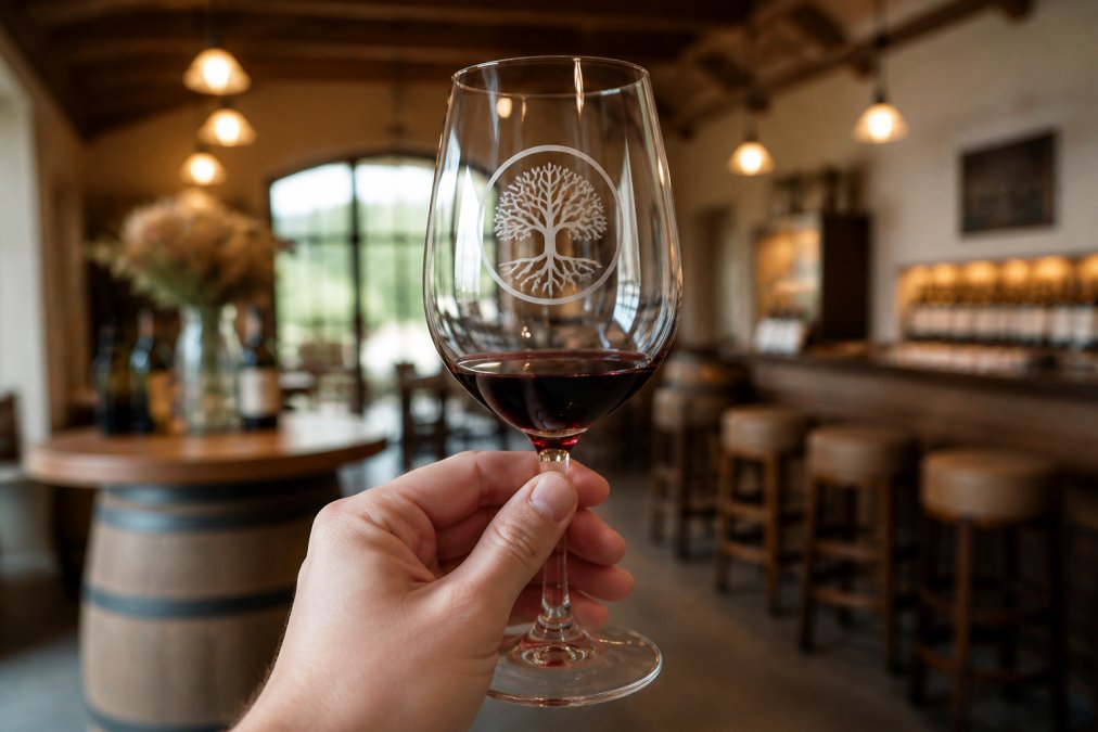 Close-up of a hand holding an elegantly etched wine glass with a corporate logo visible on the glass, set against a blurred winery tasting room background with warm ambient lighting
