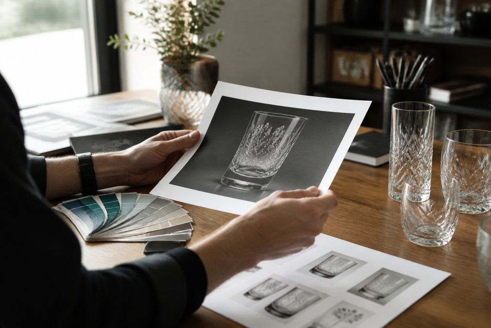 Designer's hands reviewing a printed digital proof of custom etched glassware on a desk, with design samples and colour swatches visible in natural office lighting