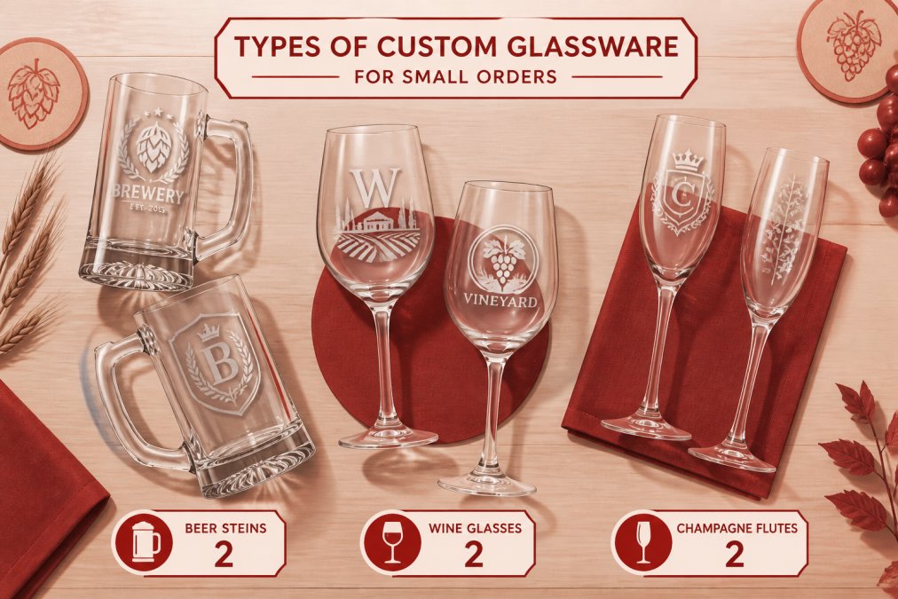 Overhead arrangement of custom-etched beer steins, wine glasses, and champagne flutes displayed on a wooden table with soft natural lighting, showcasing various glassware styles