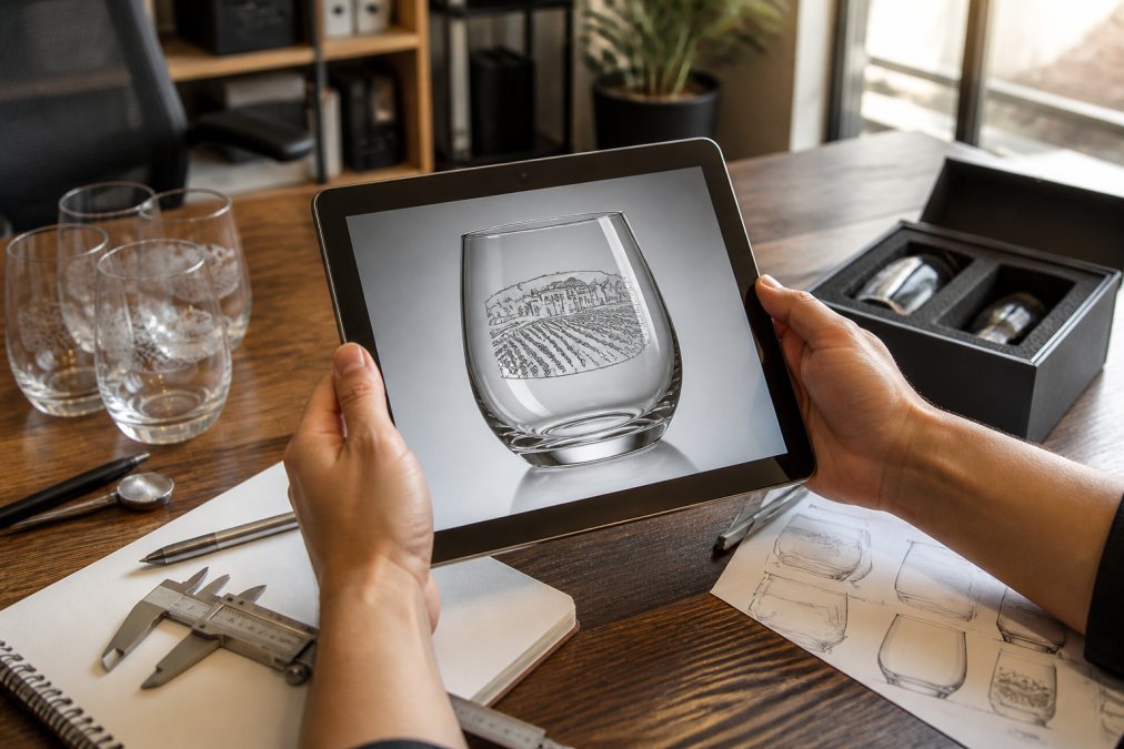 Close-up of hands holding a tablet displaying a digital proof of custom-engraved glassware with approved design artwork, shown in a professional office setting with natural window lighting
