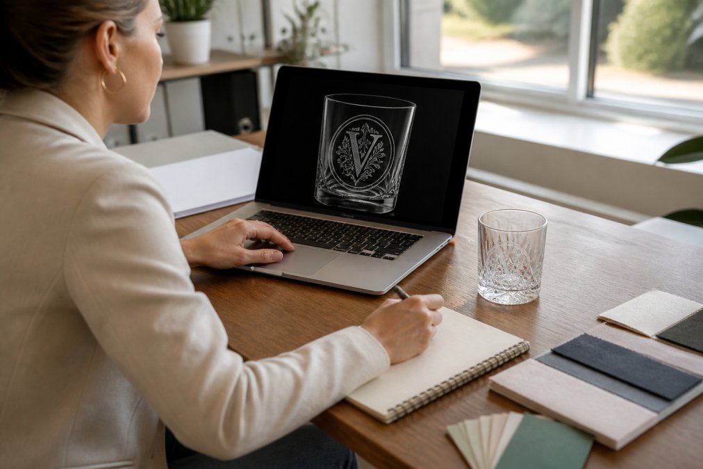 Event planner reviewing a digital proof on a laptop to ensure a fast custom glassware turnaround for an event.