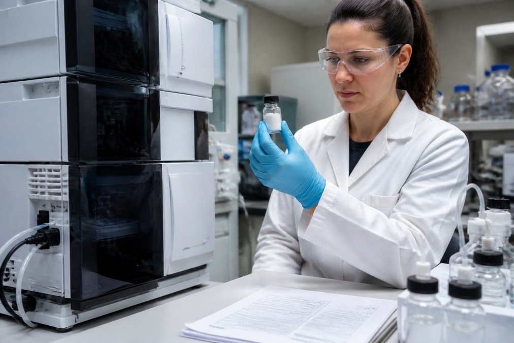 Scientist reviewing GMP peptide manufacturing quality data and a vial of powder next to an HPLC machine
