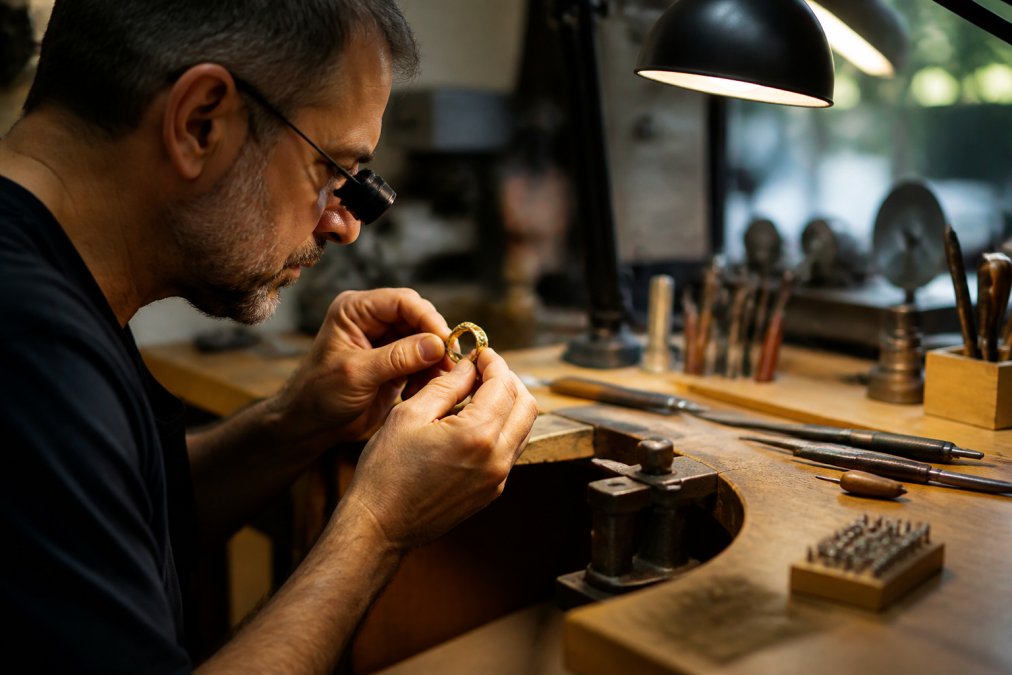 Master craftsperson working at a jeweler's bench with tools, examining a gold piece under magnification with careful precision and focused lighting