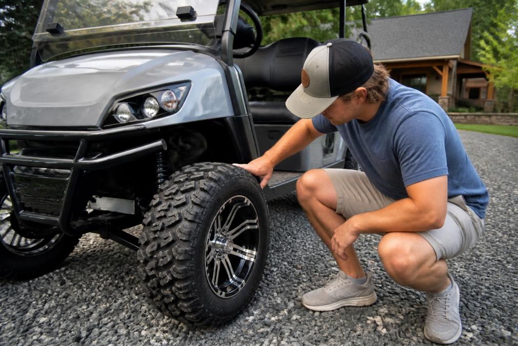 A person inspects rugged all-terrain tires and chrome wheels on a golf cart equipped with custom golf cart accessories.
