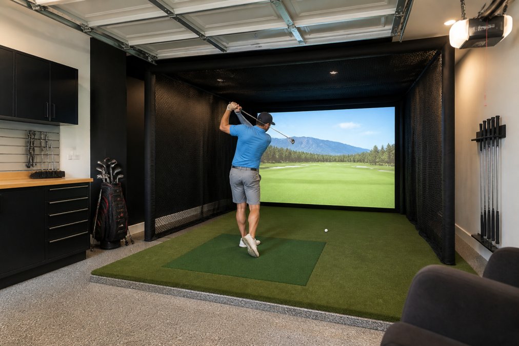 Golfer swinging in a residential garage featuring a modern golf simulator design with impact screen and side netting