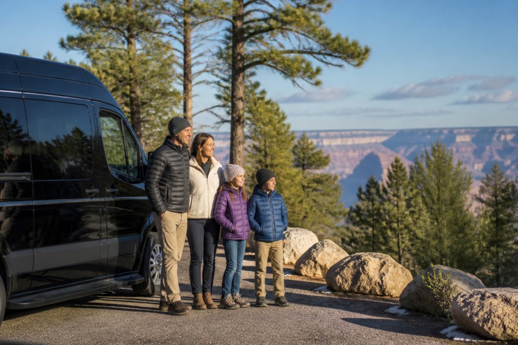 A family with two children standing beside a private van at a scenic overlook along a forested Northern Arizona highway, pine trees and distant canyon rim in the background, morning light, relaxed travel clothing