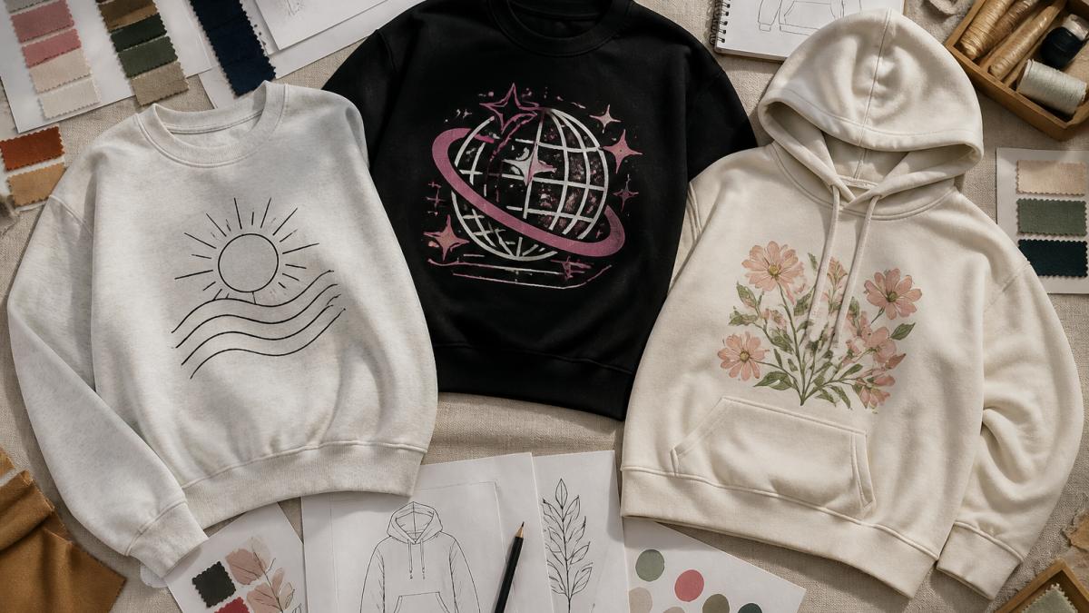 Three custom graphic sweatshirts laid out with design sketches and color swatches on a neutral linen background.