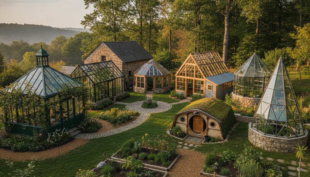 Beautiful wooden A-frame greenhouse with polycarbonate panels in a lush Pennsylvania backyard, surrounded by raised garden beds and mature oak trees, morning sunlight streaming through the roof