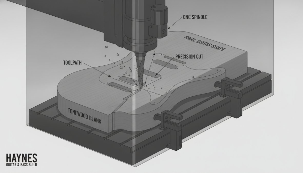 Close-up of a CNC router bit cutting through a light-colored tonewood guitar body blank, with wood shavings visible and precision machinery in sharp focus
