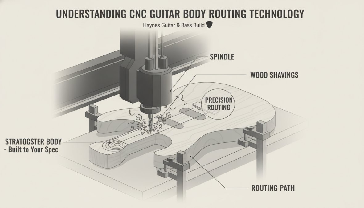 Close-up of a CNC router machine actively cutting a wooden guitar body, showing precision routing in progress with wood shavings visible and the spindle at work