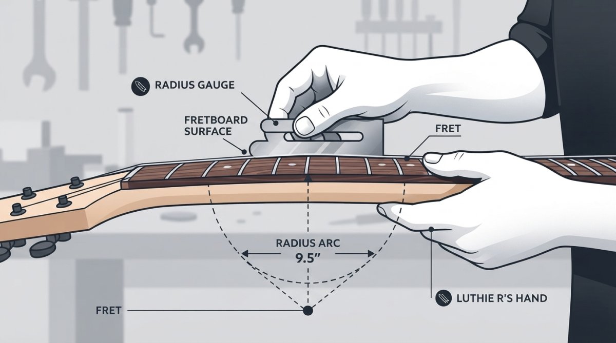 Close-up of a luthier's hands holding a metal radius gauge against a guitar fretboard in a workshop, showing the arc measurement technique with natural workshop lighting