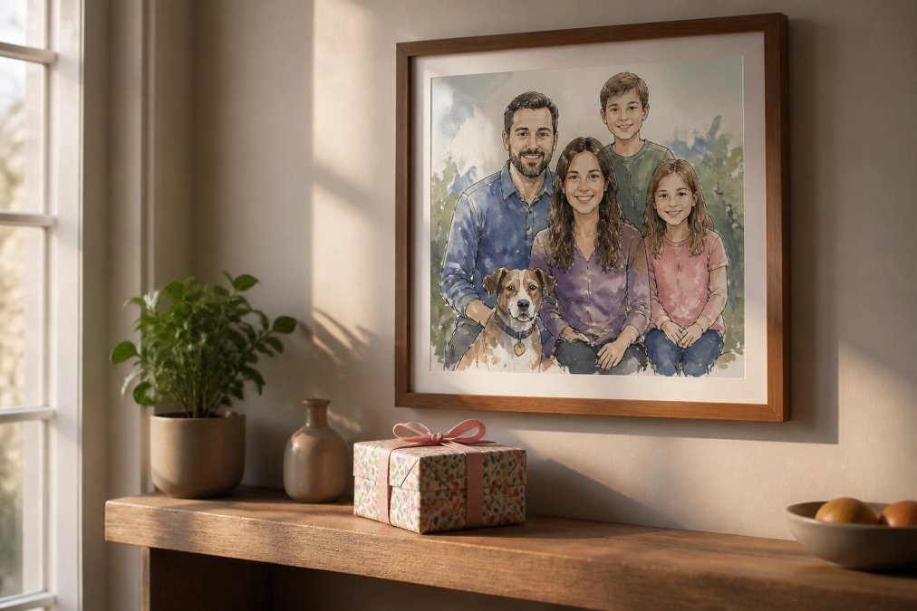 A beautifully framed hand-illustrated watercolor portrait hanging on a living room wall with warm natural light highlighting the artwork, a wrapped gift box placed beside it on a wooden shelf